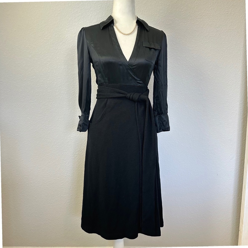 Diane von Furstenberg Black Silk‎ and Wool Mixed Media Wrap Midi Dress Size 2